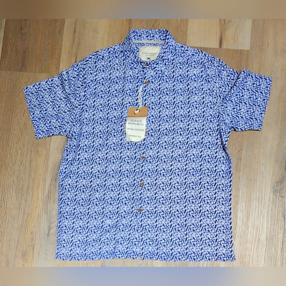 NWT Island Republic Vintage Collection Silk sz XL Navy & Cream Shell Print BIN I